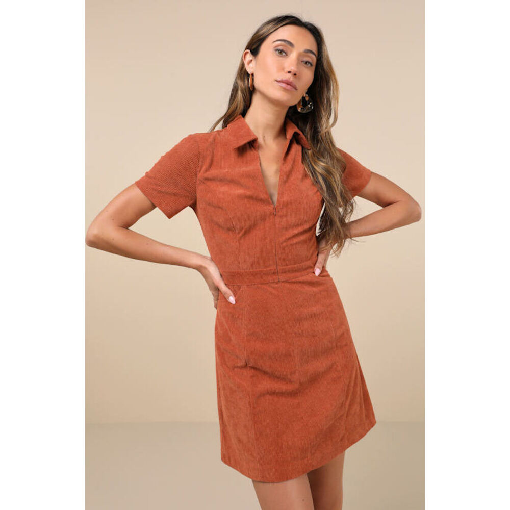 Lulus Go-getter Girl Rust Orange Corduroy Mini Dress With Pockets - Size M